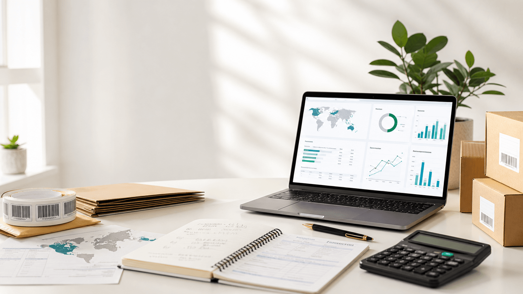 Ecommerce seller desk with profitability dashboards, shipping boxes, and marketplace planning materials